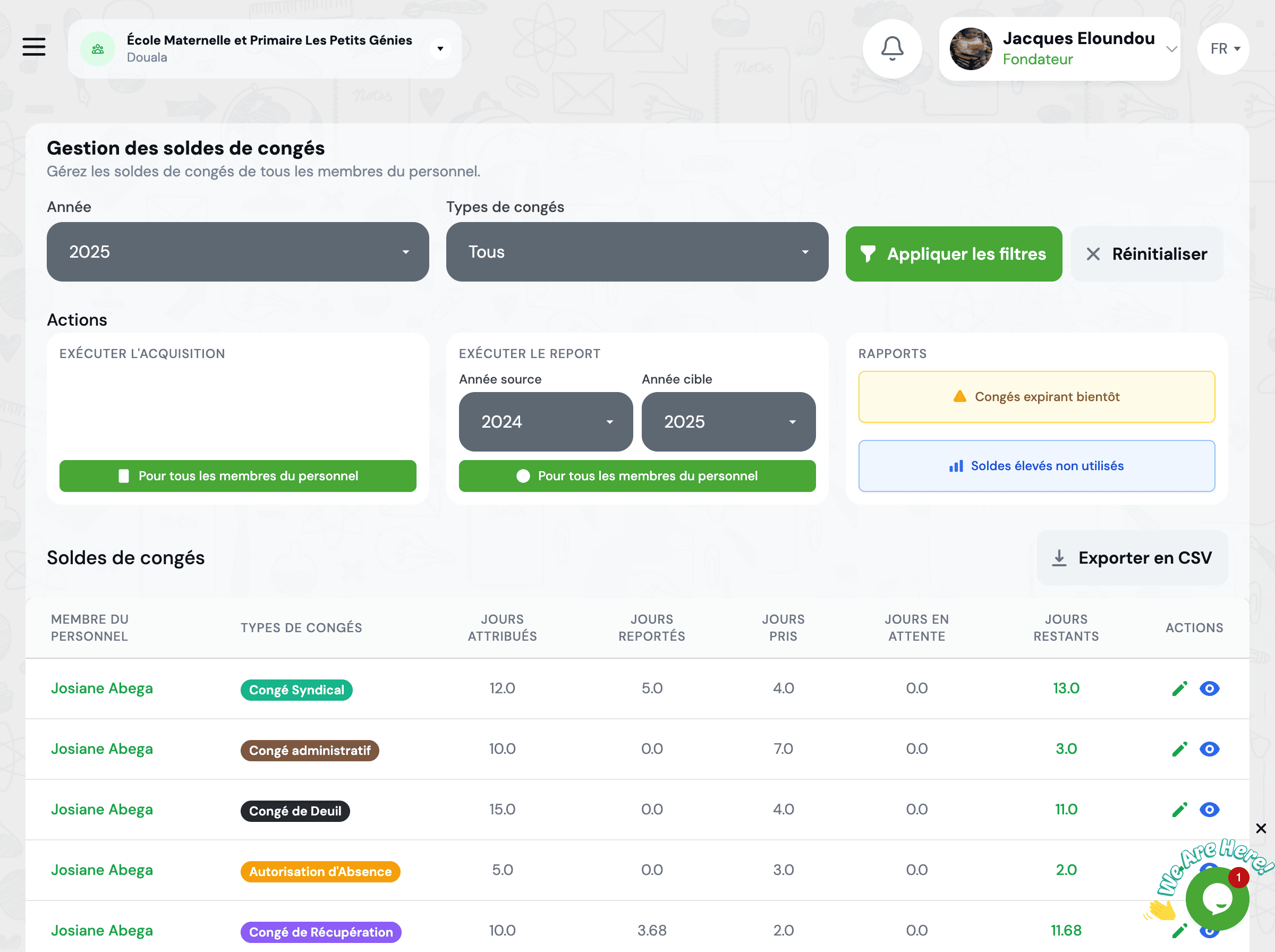 Interface de gestion des soldes de congés
