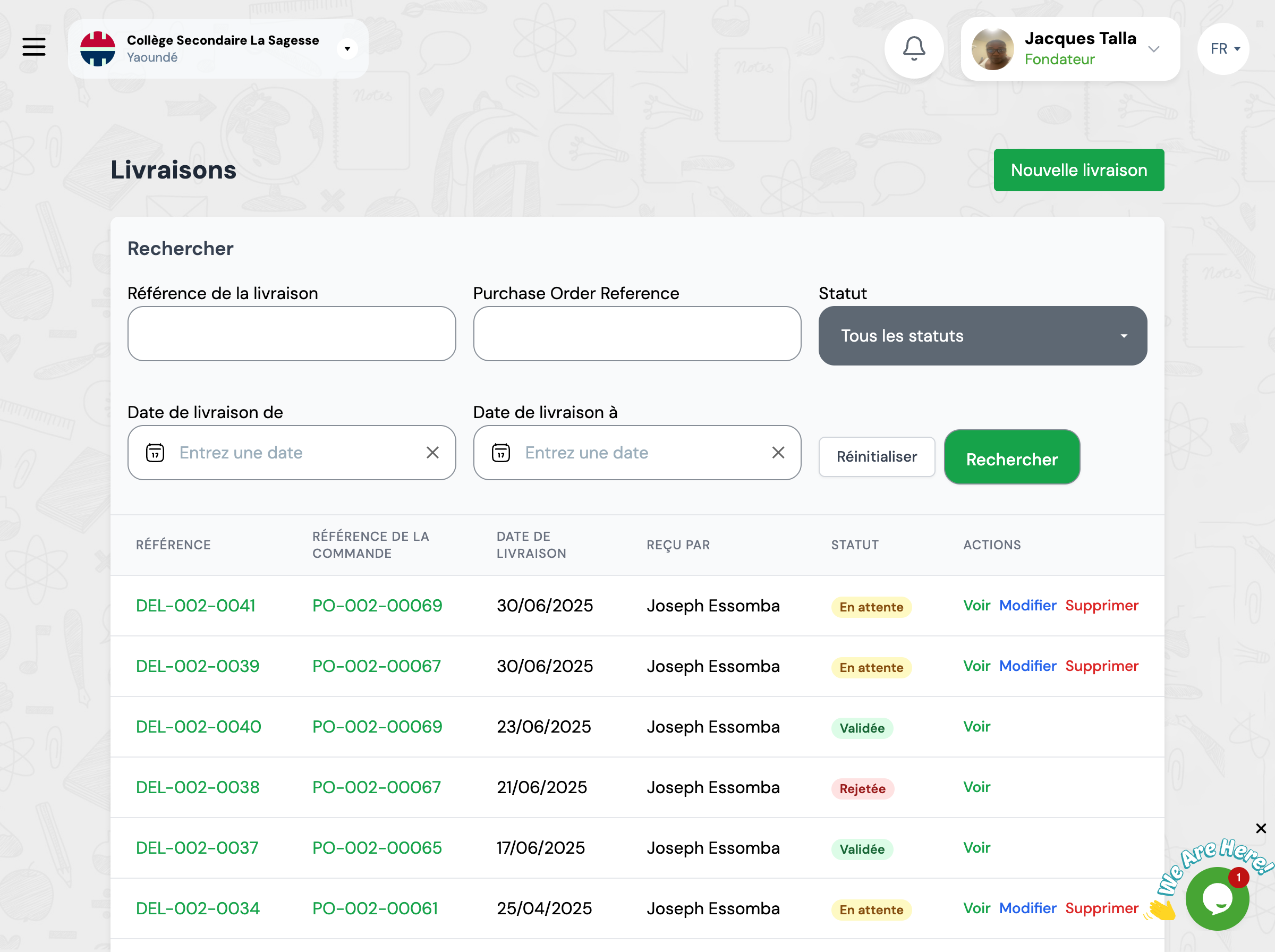 Capture d'écran : Bouton 'Nouvelle livraison' depuis le bon de commande