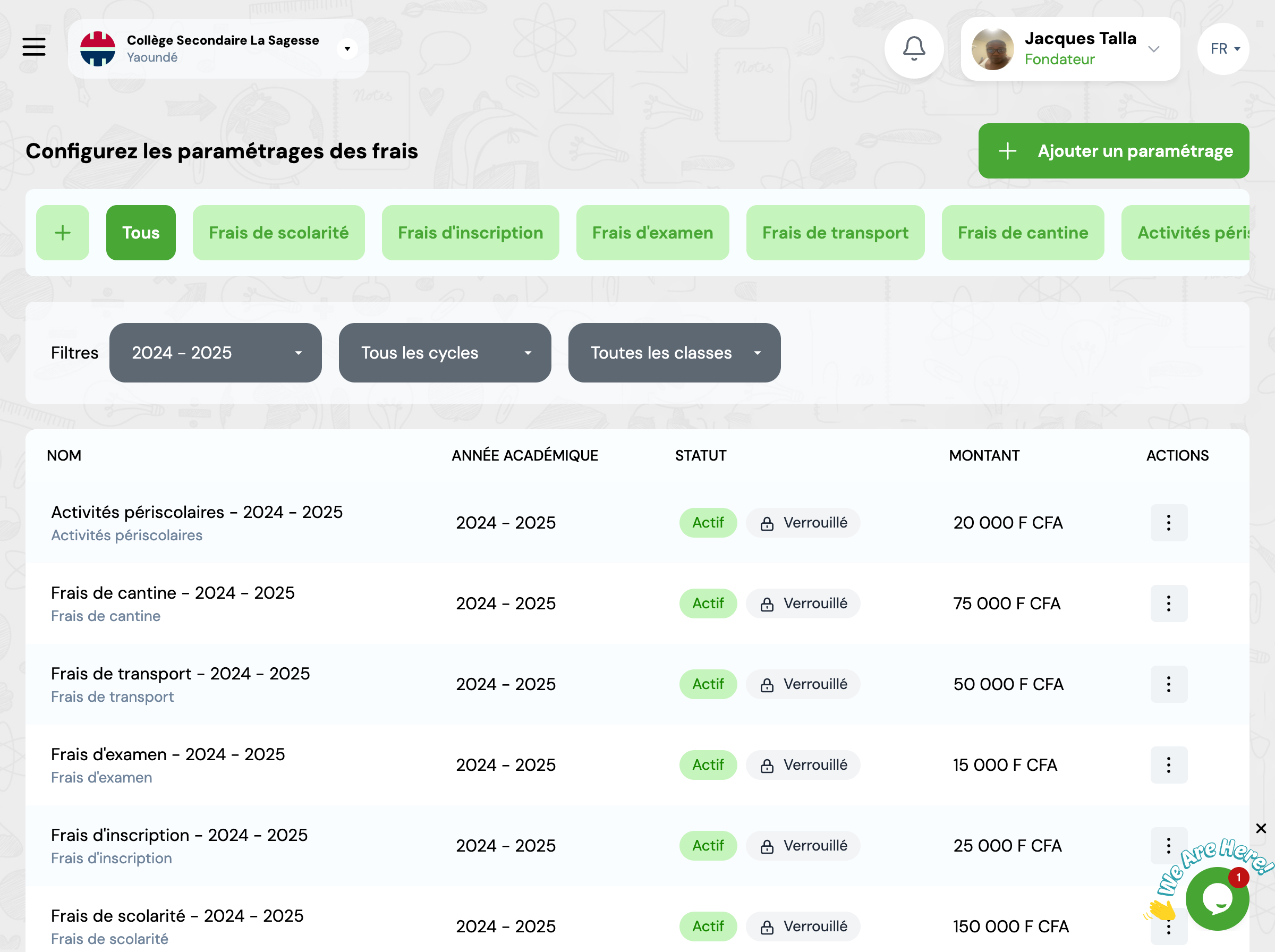 Configuration des frais