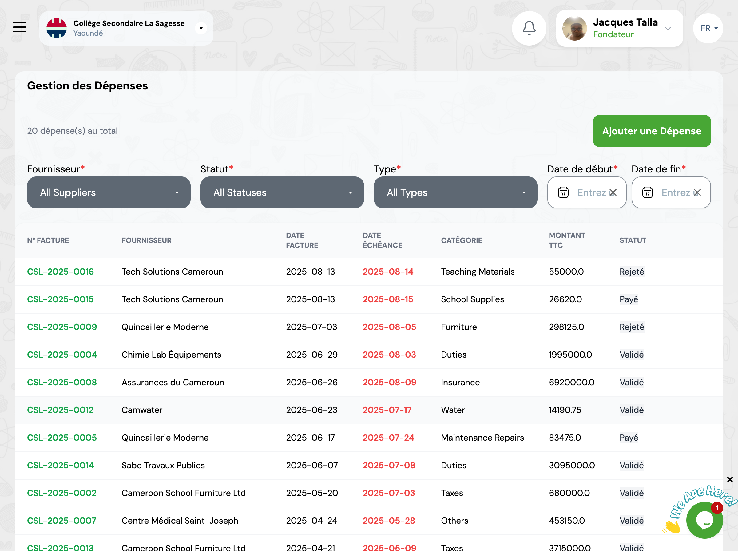 Registre des dépenses
