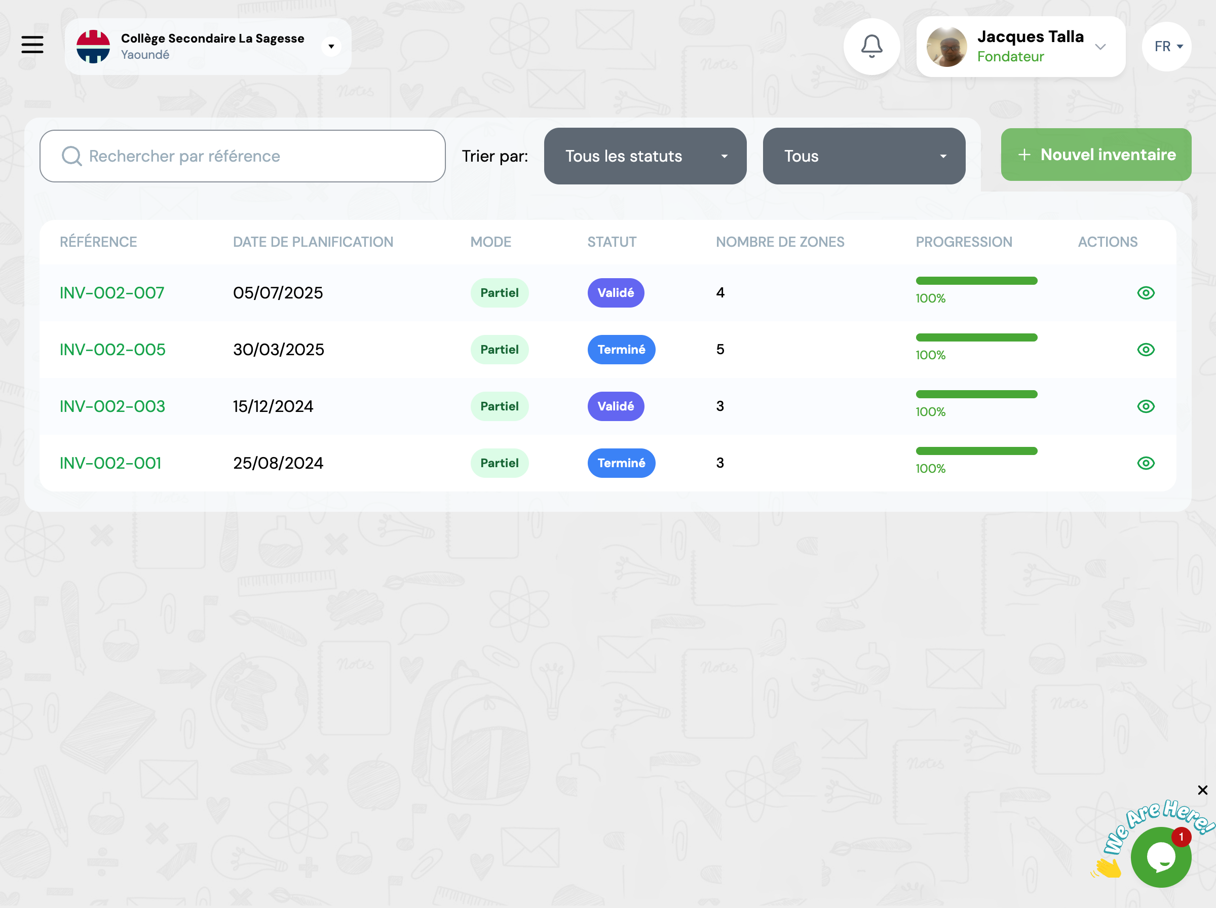 📸 Capture d'écran : Liste des inventaires
