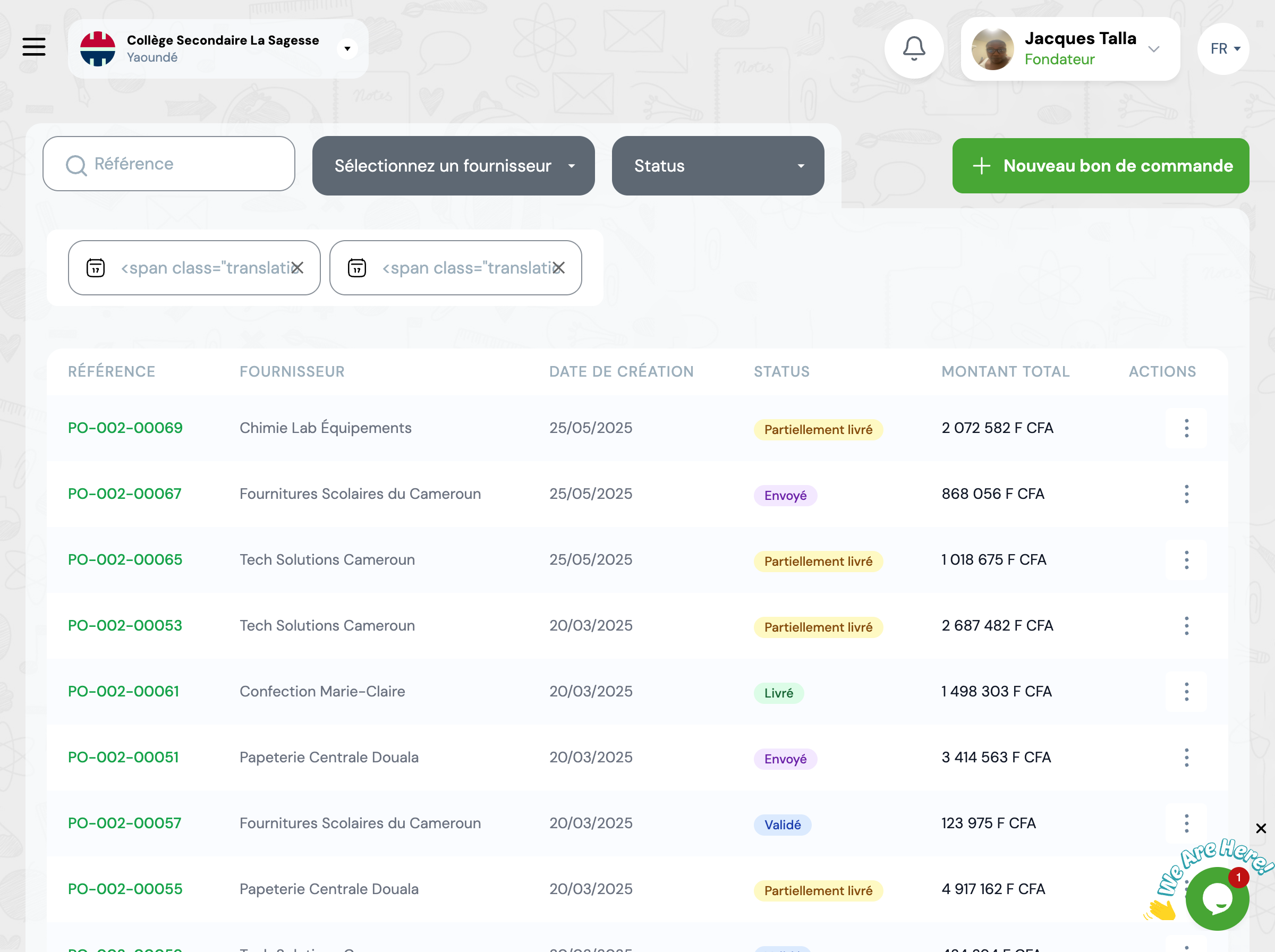 📸 Capture d'écran : Liste des bons de commande