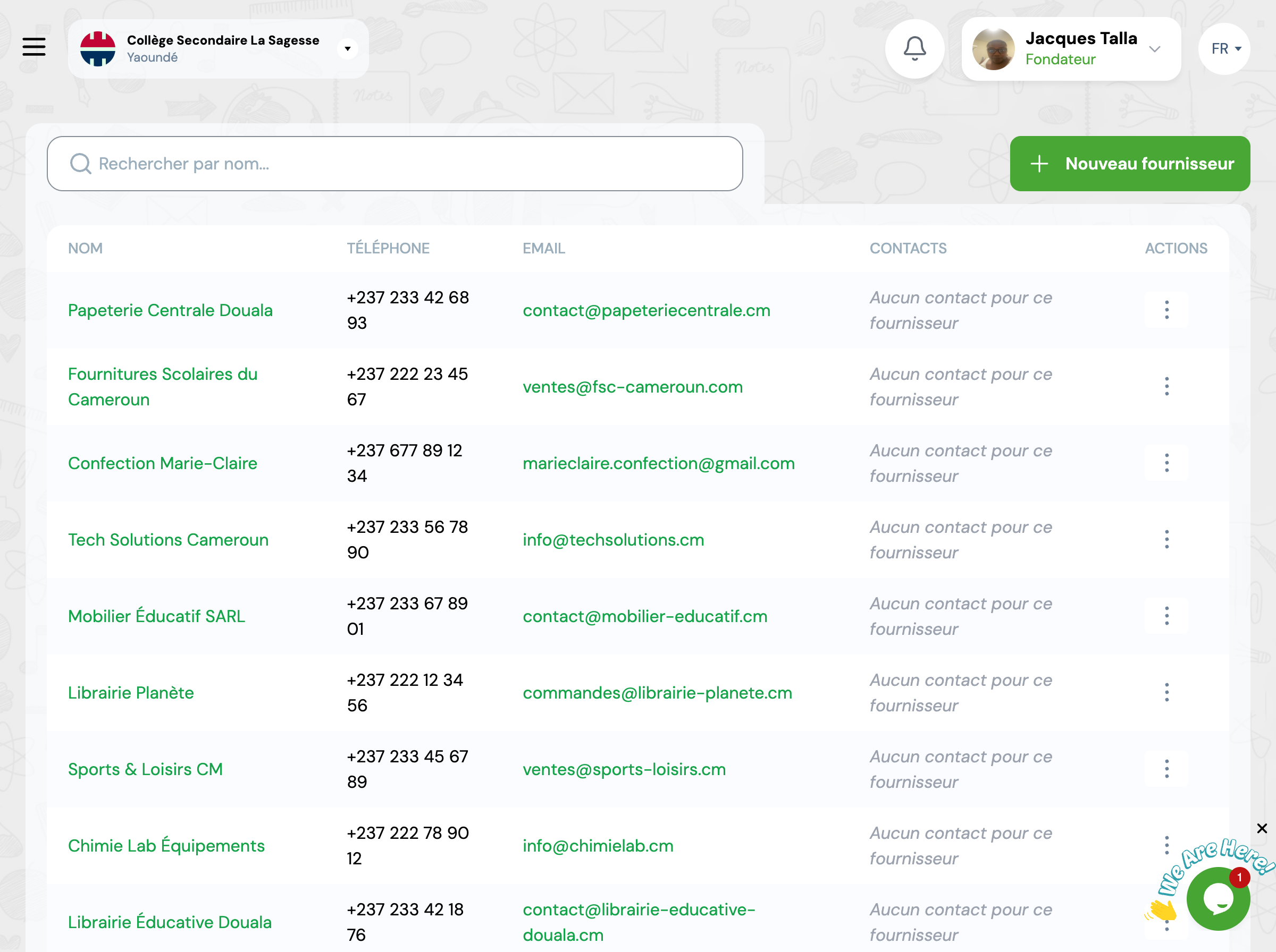 Capture d'écran : Liste des fournisseurs
